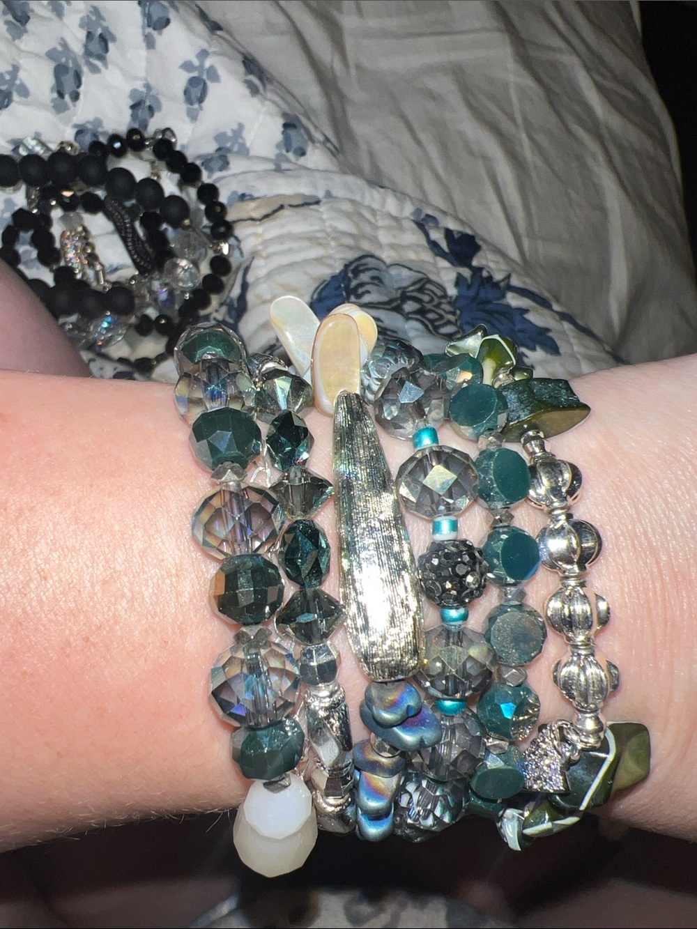 Erimish Teal and Silver Multi-Strand Beaded Stretch Bracelet Set